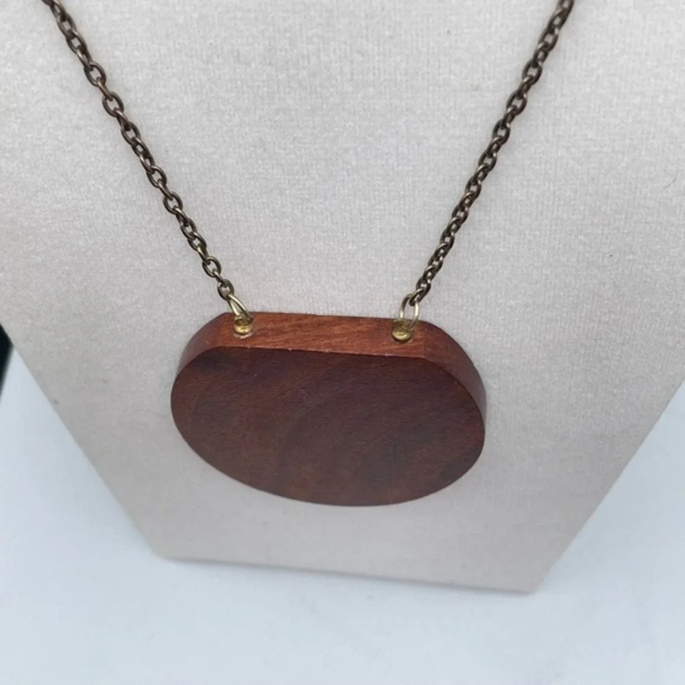 Vintage Brown Wood Round Pendant Necklace Boho Statement‎ Chain